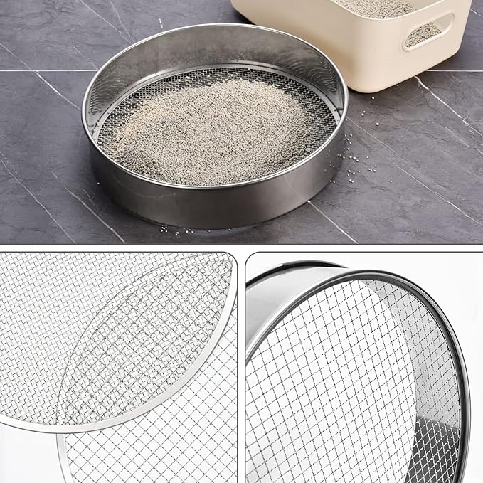 Soil Sieve Stainless Steel Riddle Sieve Set Garden Potting Sieve, 12" Diameter, with 5 Filter Mesh Sizes 3,6,9,10,12mm and Shovel