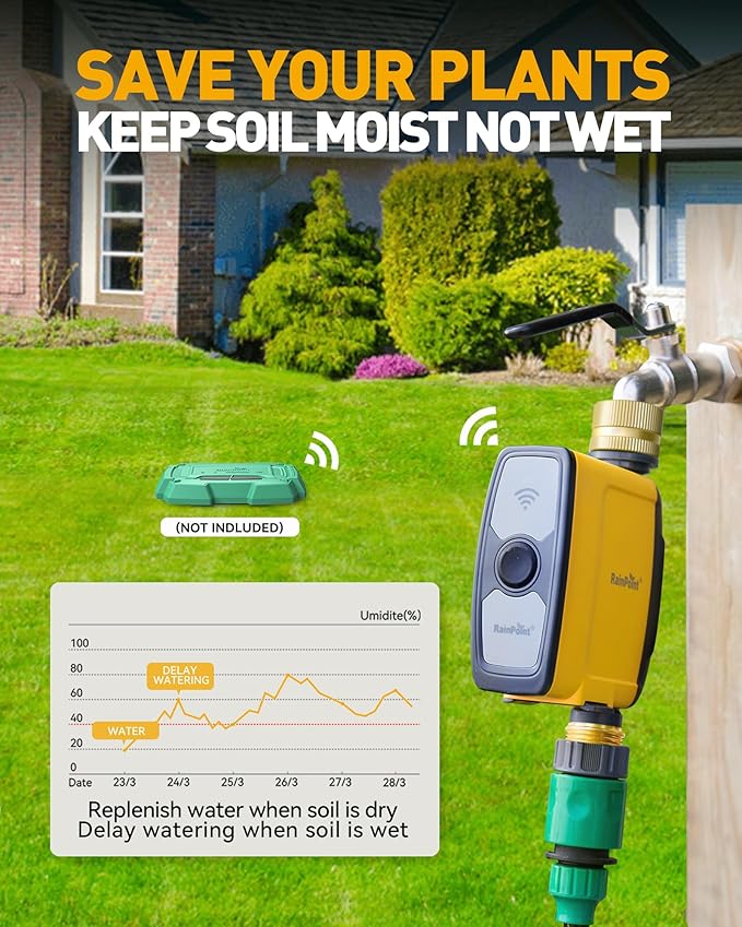 RAINPOINT WiFi Water Timer,Smart Sprinkler Timer Hose Timer,Smart Sprinkler System Valve, APP & Voice Control, Weather-Based Automatic Rain Delay, Brass Inlet & Outlet(No WiFi Hub)