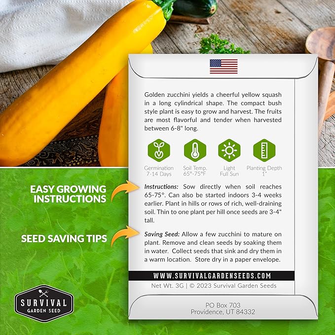 Survival Garden Seeds - Golden Zucchini Seeds for Planting - 2 Packs with Instructions to Plant and Grow Yellow Zucchini Vegetables in Your Home Vegetable Garden - Non-GMO Heirloom Variety