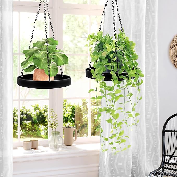 Plant Hanger Indoor Outdoor, Hanging Planter Baskets for Outdoor Indoor Plants, Hanging Plant Holder, Hanging Tray for Plants, Metal Window Plant Hanger, Black Hanging Plant Shelf, 3 Pack