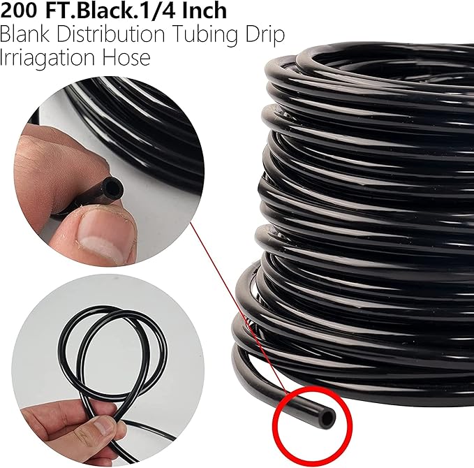 Hourleey Blank 200 FT Distribution Tubing Irrigation Drip Hose, 1/4 Inch Drip Line