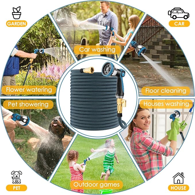 Non-Expanding Garden Hose 150 ft, Flexible Kink Free Water Hose with 10 Watering Spray Nozzle, Lightweight Hose Pipe, Leak-Proof, Durable, 3/4" Brass Alloy Connector, Portable Storage Strap