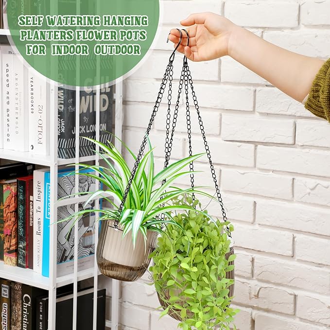 Maxcheck 4 Pcs Self Watering Hanging Planters Indoor 6.5'' 4.5'' Hanging Flower Pots Baskets Outdoor Self Watering Hanging Plant with 3hooks Drainage Holes for Home(Gray)