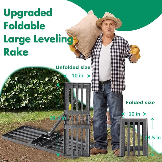 Lawn Leveling Rake, Foldable 26.7"x10" Level Lawn Tool with Curved Edge,Heavy Duty Lawn Level Tool, 6FT Long Handle Lawn Leveler for Yard Garden Golf Course, Soil Sand Dirt Spreading Leveling Rake