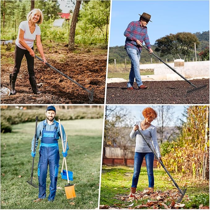 36'' Bow Rake Heavy Duty Garden Rake with Stainless Steel Handle, Tines Metal Head Rake Tool for Loosening Soil Gathering Leaf Leveling Lawn Farming Land Management Yarn Thatch Rake