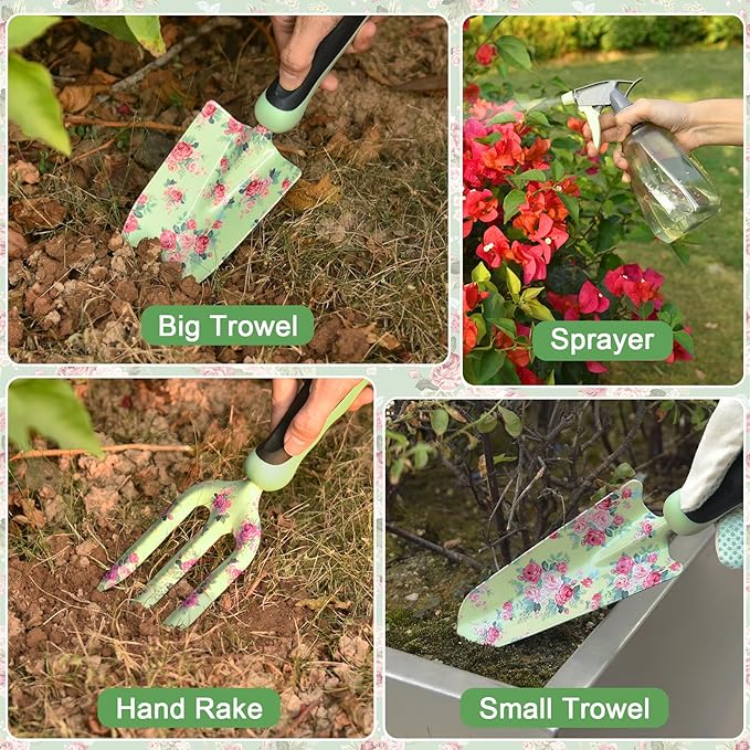 Gardening Tools, WisaKey 10 Piece Heavy Duty Garden Tools Set with Handle, Durable Fashion Garden Tool Organizer Handbag, Ideal Gardening Hand Tools, Gardening Gifts for Women Grandmother Granny