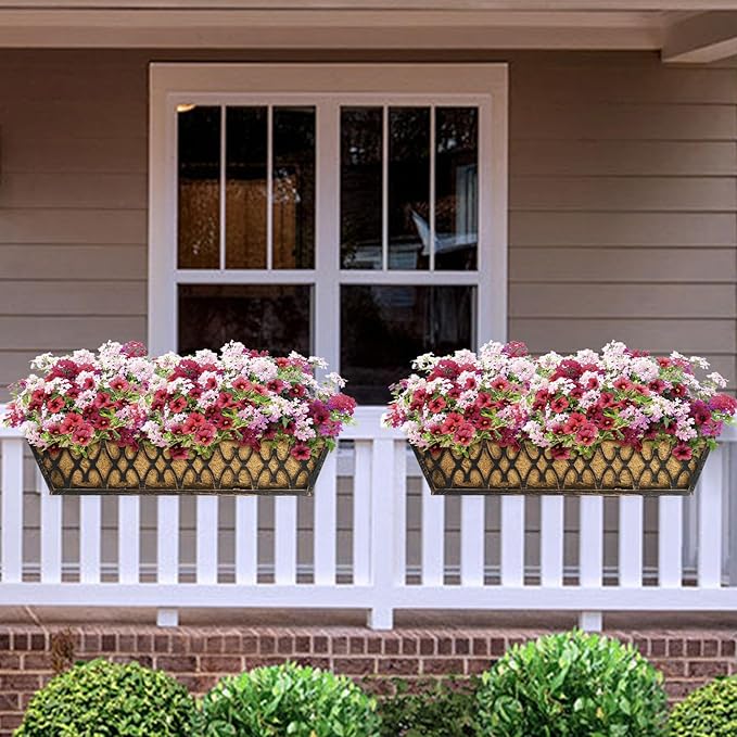 Window Boxes Planters: 2 Pack 24 Inch Railing Planter Box with Adjustable Brackets for Porch Fence Patio Balcony Hanging Flower Baskets with Coco Liners for Outdoor Garden Decor - Bronze
