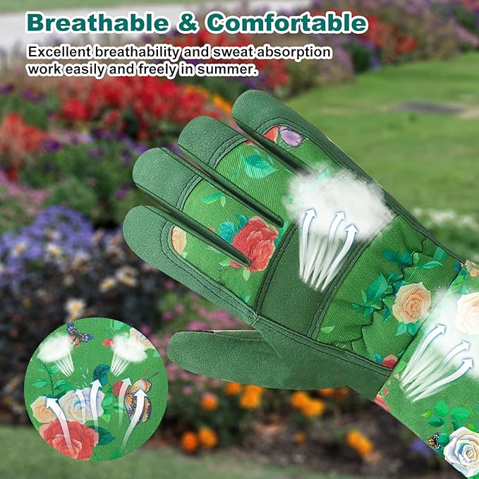 DLY Gardening Gloves for Women, Rose Gloves Gardening Thorn Proof, Long Garden Gloves for Women, Durable and Comfortable Leather Gauntlet (Medium, Green