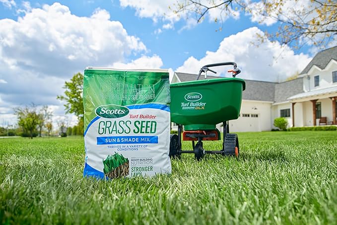 Scotts Turf Builder Grass Seed Sun and Shade Mix with Fertilizer and Soil Improver, Thrives in Many Conditions, 16 lbs.