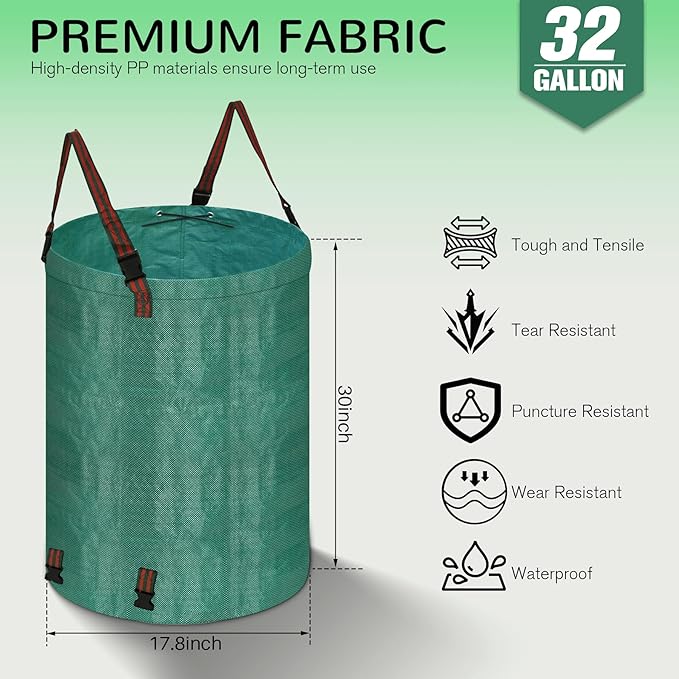 Leaf Collector Bag with Lid, Shoulder Strap, and Drawstring – Reusable Yard Garden Bag for Leaves and Lawn Trash, Perfect for Leaf Removal, Yard Clean-Up (With lid, 32 Gallon)