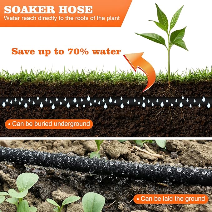 Soaker Hose 100 FT for Garden with 1/2" Diameter Irrigation Hose Save 70% of Water Solid Brass Interface Eminently Suitable for Lawn and Garden Bed Cover