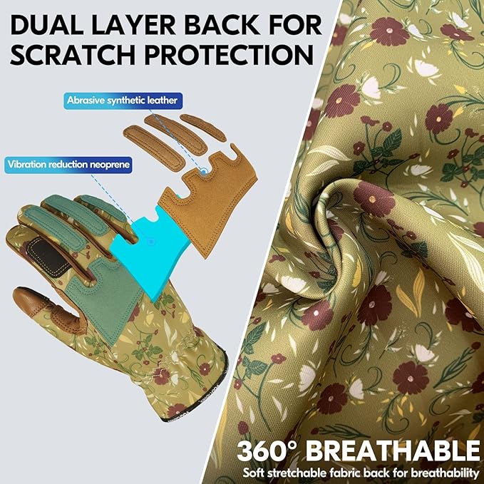 Vgo... 1Pair Gardening Gloves for Women, Goatskin leather Thorn Proof Working Gloves for Weeding, Digging, Raking, Pruning and Planting,Touchscreen (S,Light Green,GA7471)