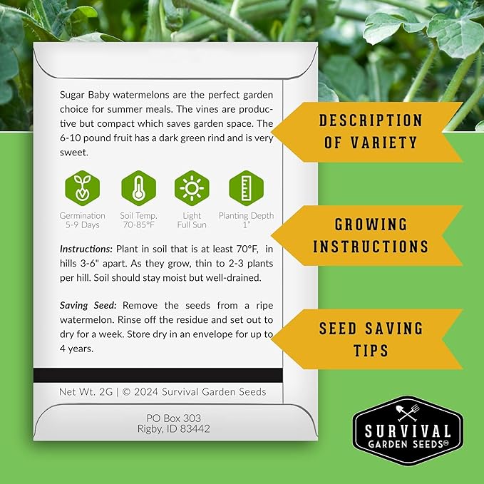 Survival Garden Seeds - Sugar Baby Watermelon Seed for Planting - Packet with Instructions to Plant and Grow Little Round Watermelons in Your Home Vegetable Garden - Non-GMO Heirloom Variety
