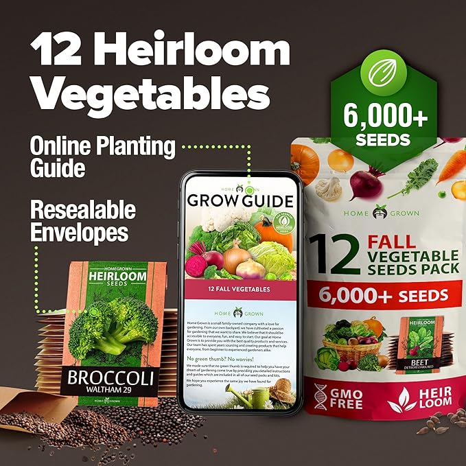 HOME GROWN 12 Fall Vegetable Seeds - USA Heirloom Non GMO Fall & Winter Vegetable Seeds for Planting Home Garden: Beets, Broccoli, Cabbage, Kale, Onion, Peas, Pumpkin, Turnip, Lettuce & More