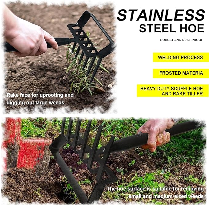 4-Tines Rake and Stirrup Hoe - Adjustable Long Handle Scuffle Loop Hula Action Hoe for Weeding, Digging, Loosening Soil, Stainless Steel Tiller Cultivator for Gardening, Raised Flower Beds Planting.
