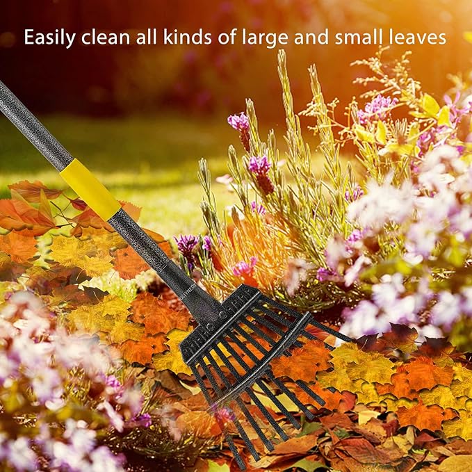 Oliynedy Leaf Rake for Gardening, Adjustable Metal Garden Rake for Leaves Long Handle 30-70", 11 Tines 9" Wide Small Lawn Collapsible Yard Adult Kids Rake for Camping Flower Beds Mulch Shrub