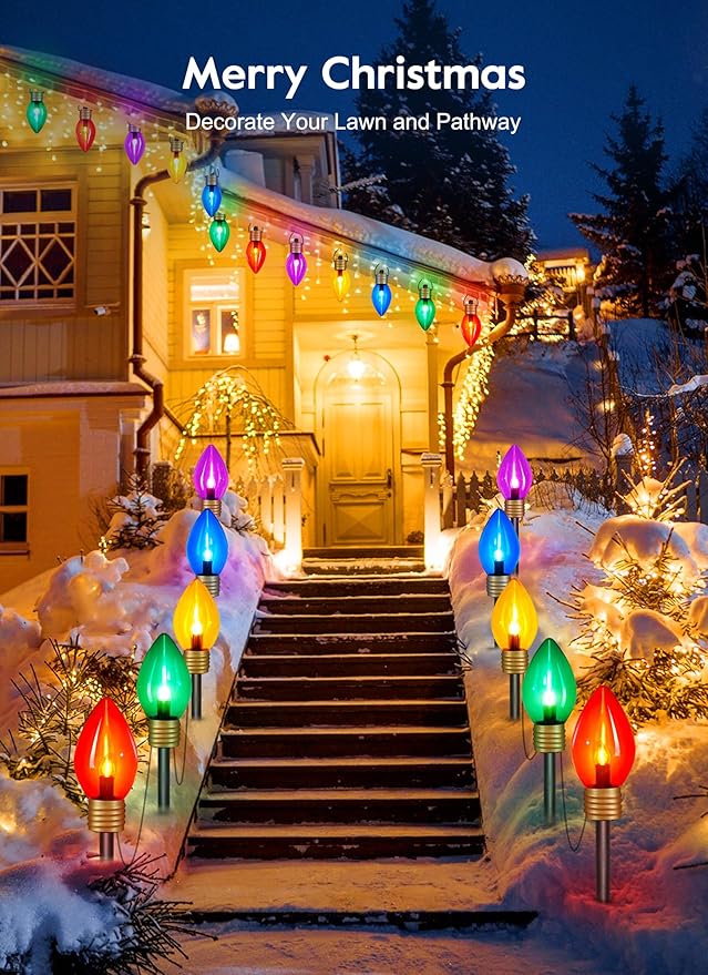 Jumbo C9 Christmas Pathway Lights Outdoor - 2 Pack Total 17 Feet 10 LED C9 Walkway Lights, Multicolor Jumbo Lights Christmas Bulb Lights Outdoor Decorations for Lawn Holiday Outside Yard Garden