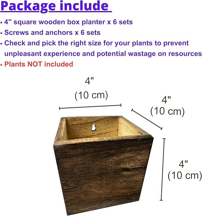LaLaGreen Wood Planter Boxes for Indoor Plants (6 Pack, 4x4 Inch) Small Square Wall Mounted Planters Flower Pot, Herb Wooden Box Hanging Plant Holder Outdoor Balcony Vertical Garden Modern Home Decor