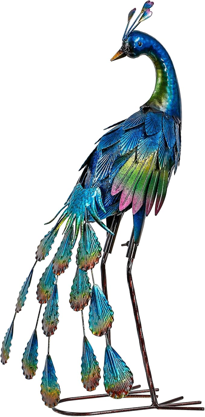 TERESA'S Collections Outdoor Decor Peacock Yard Art Garden Sculptures & Statues,Blue Small Metal Bird Lawn Ornaments,22.4" Outside Mardi Gras Decorations for Porch,Patio,Pond Decor,Gifts for Mom