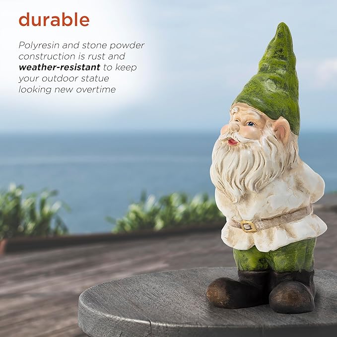Alpine Corporation 12" Tall Traditional Outdoor Garden Gnome Yard Statue Decoration