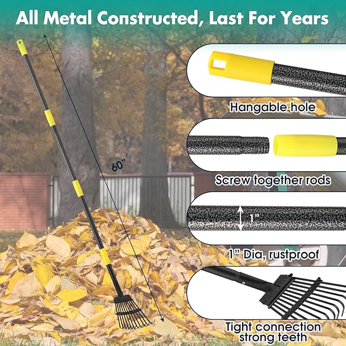 Rake, 60 Inch Long, 11 Tines Small Metal Garden Rake for Leaves, Heavy Duty 9 Inch Wide Rakes for Lawns, Yard Leaf Rake for Gardening , Flower Beds, Shrub, Kids Rake