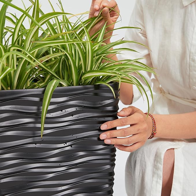 Worth Garden 2-Pack Black Tall Tree Planter - Plastic Square Tapered Plant Pots for Indoor Outdoor - 22" H - Modern Wavy Finish Decorative Flower Pots for Front Porch Containers Patio Deck