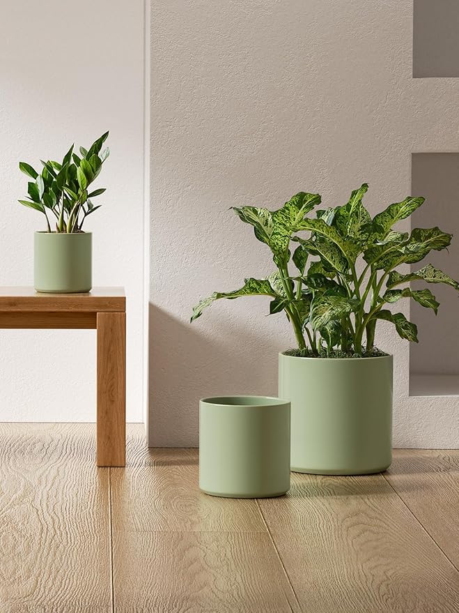 LE TAUCI Large Plant Pots Set, 10/8/6 Inch Ceramic Planters for Indoor Plants, Mid-Century Modern Flower Planter Pots with Drainage Hole and Plug, Round Planter, Set of 3, Reactive Glaze Olive Green