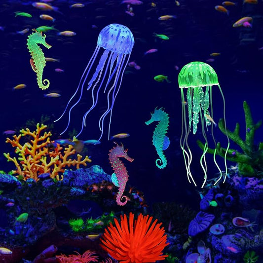 Lpraer 6 Pieces Glow Aquarium Ornaments Artificial Glow Floating Jellyfish Seahorse Anemones Silicone Simulation Fish Tank Decorations for Fish Tank