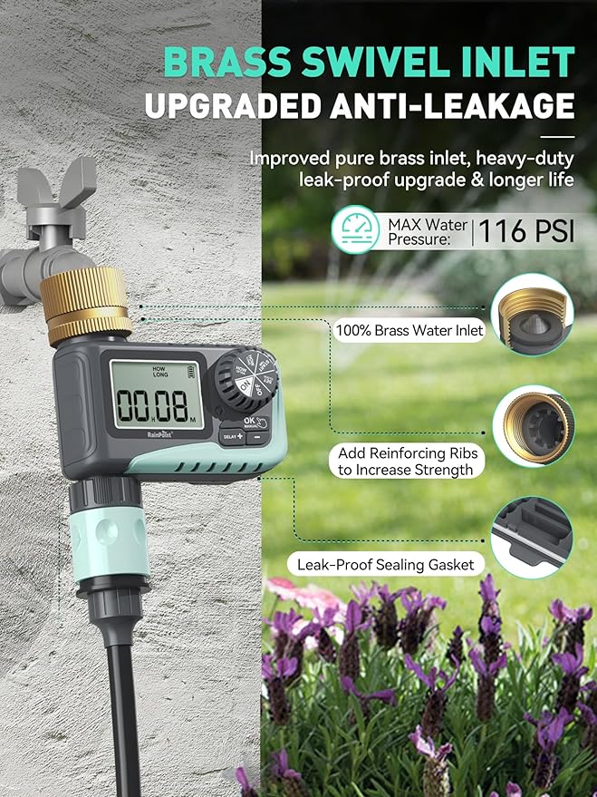 RAINPOINT 2-Pack Sprinkler Timer with Brass Swivel, Water Timer for Garden Hose, Programmable Hose Timer with Rain Delay/Manual Watering, Digital Irrigation Timer System for Lawns, 1 Outlet