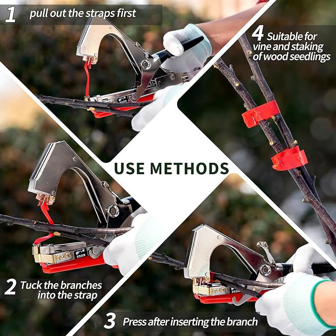 Plant Tying Machine, Garden Tapetool Tapener,Vines Plant Tying Tool for Grapes,Tomatoes,Peppers,Indoor Plant with 10 Rolls of Tape,10000 Staples,1 Replacement Part, Red