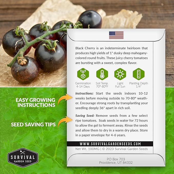 Black Cherry Tomato Seed for Planting - 5 Packets with Instructions to Plant & Grow Reddish-Purple Cherry Tomatoes in Your Home Vegetable Garden - Non-GMO Heirloom Variety - Survival Garden Seeds