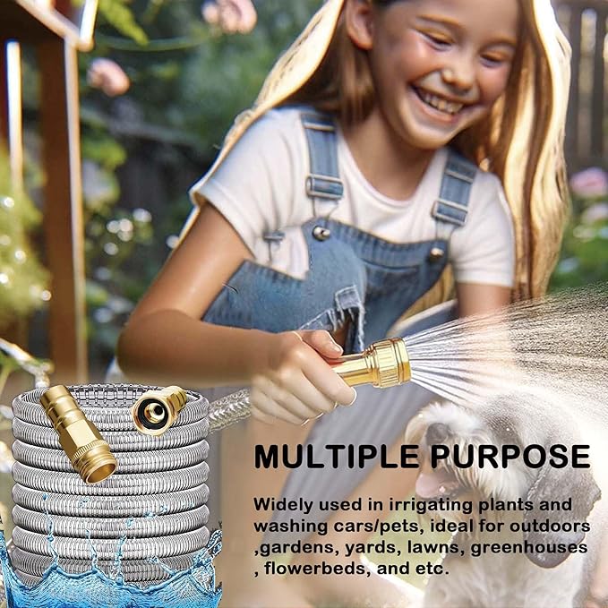 Stainless Steel Garden Hose: Durable Quality Metal with High-pressure Water Output for Gardeners（75FT）