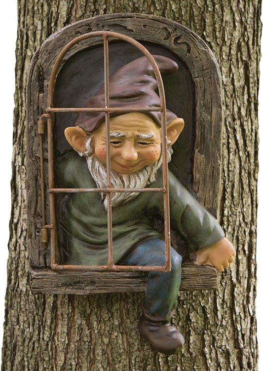 Bits and Pieces - 12-inch Elf Out The Door Tree Hugger - Yard Decorations - Whimsical Tree Sculpture - Garden Decoration - Garden Peeker Yard Art