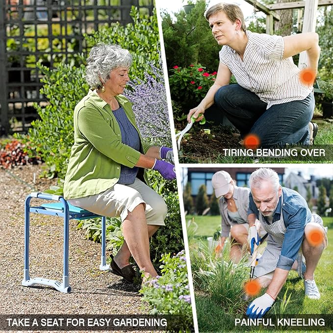 Jardineer Folding Garden Kneeler and Seat, 10 Inch Wider Kneeling Bench Stool, Portable Gardening Workseats with Tool Bag and Padded Cushion, Garden Gift for Women Seniors(Blue)