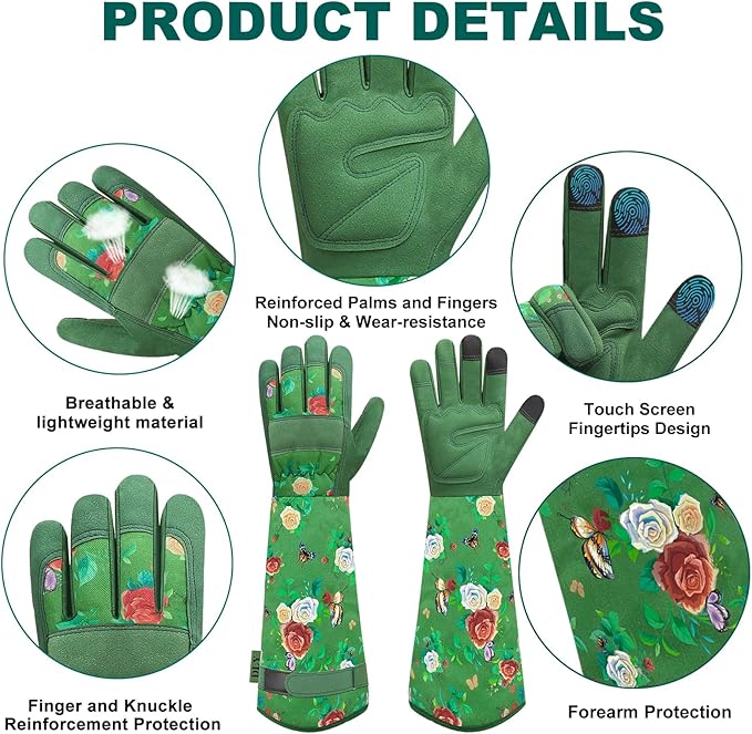 DLY Gardening Gloves for Women, Rose Gloves Gardening Thorn Proof, Long Garden Gloves for Women, Durable and Comfortable Leather Gauntlet (Medium, Green