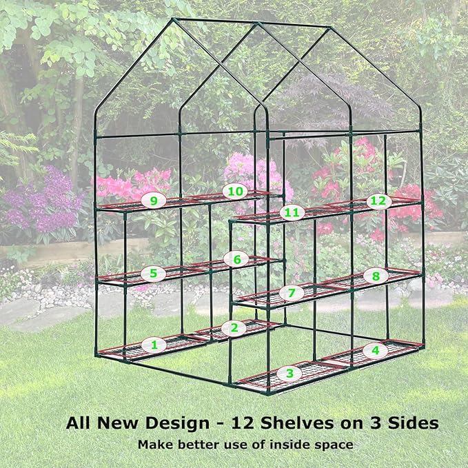 Walk-in Greenhouse w/ Roll-Up Zipper Door & Screen Windows-3 Tiers 12 Shelves 56x56x76“ PE Greenhouse for Outdoor Gardening Plants Cold Frost Protection Wind Rain Proof(PLGHW002G-N)