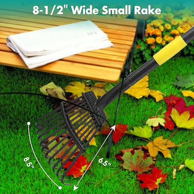 Rake, 73 Inch Long, 11 Tines Small Metal Garden Rake for Leaves, Heavy Duty 9 Inch Wide Rakes for Lawns, Yard Leaf Rake for Gardening , Flower Beds, Shrub, Kids Rake