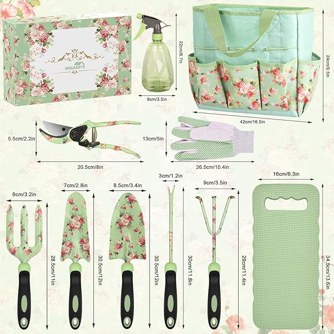 Gardening Tools, WisaKey 10 Piece Heavy Duty Garden Tools Set with Handle, Durable Fashion Garden Tool Organizer Handbag, Ideal Gardening Hand Tools, Gardening Gifts for Women Grandmother Granny