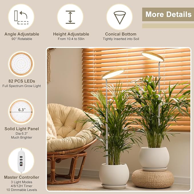 LBW 2024 Bamboo Plant Grow Light, 82 LEDs Full Spectrum Grow Lamp for Indoor Plants, 4-Level Brightness Round Plant Light with 4H/8H/12H Auto Timer, 10.4-59in Height Adjustable, Ideal for Tall Plants