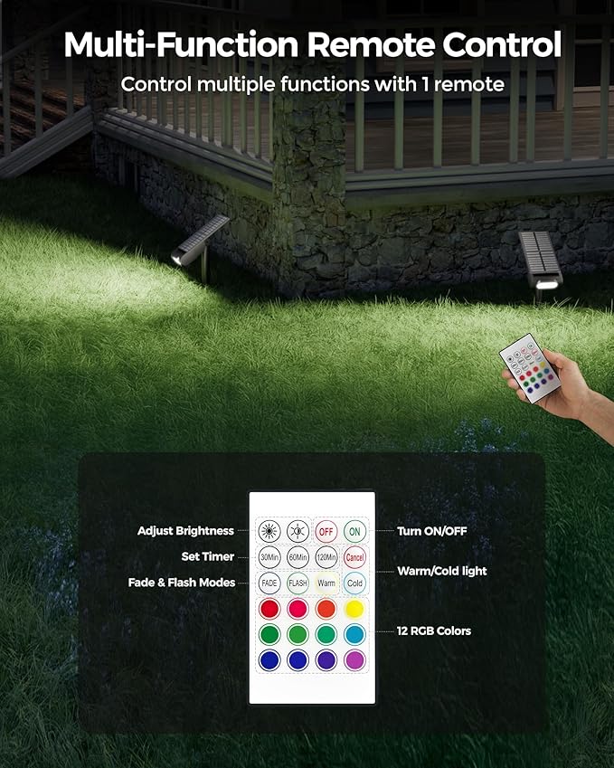 Solar Spot Lights Outdoor Waterproof IP67, RGB Landscape Lighting with Remote & Timer, Color Changing Solar Uplights Outdoor for Trees, Garden, Yard, and Pathway (4 Pack)
