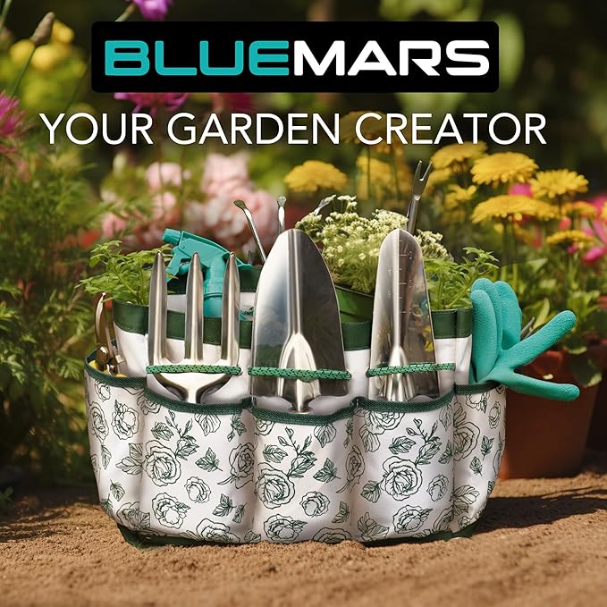 Gardening Hand Tool Kit 14PCS Heavy Duty Stainless Steel Garden Tool Set with Floral Garden Tote -Outdoor Gardening Transplanting Gifts for Woman