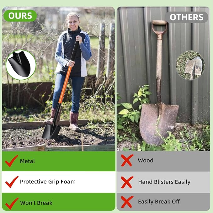 43.7Inches Spade Shovel Small Trench Shovel with Heavy Duty Steel Handle Garden Tools, Small Shovel for Digging Gardening Camping Yardwork Car Shovel, Orange