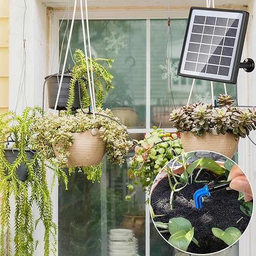 PChero Solar Automatic Drip Irrigation Kit, Solar Powered Auto Watering System with 12 Timer Modes for Indoor Balcony Outdoor Garden Greenhouse, Supported 15 Pots Plants