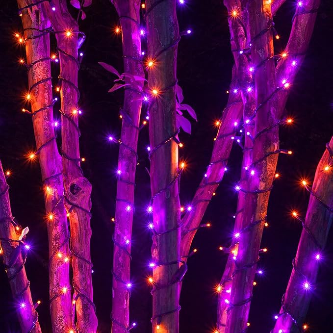 Dazzle Bright Purple and Orange Halloween Lights, 66FT 200 LED Halloween Lights Outdoor with 8 Modes, Waterproof Halloween Decorations for Indoor Outdoor Patio Party