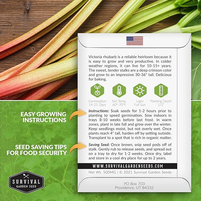 Survival Garden Seeds - Victoria Rhubarb Seed for Planting - 5 Packets with Instructions to Plant and Grow Cold-Tolerant Perennial Spring Vegetables in Your Home Garden - Non-GMO Heirloom Variety