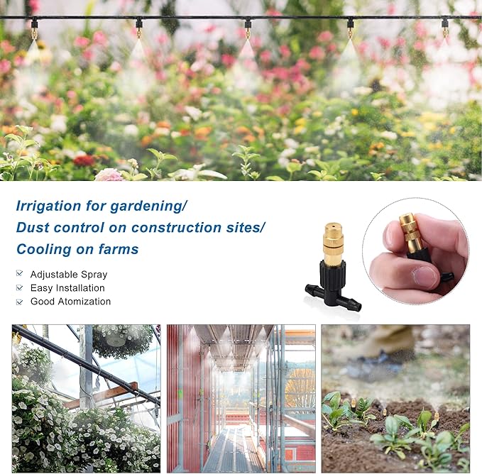 ACBungji 30pcs Brass Misting Nozzles Three-way Connector Drip Irrigation Nozzle 4/7 Inches Adjustable Atomizing Nozzle Cooling Misting System for Outdoor Plant Garden Patio Greenhouse