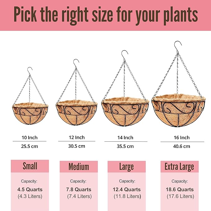 LaLaGreen Hanging Planter for Outdoor Plants (2 Pack, 16 Inch) Hanging Baskets with Coco Liner, Metal Wire Flower Basket Pots with Hook Hanger Balcony Porch Farmhouse Country Style Garden Decor