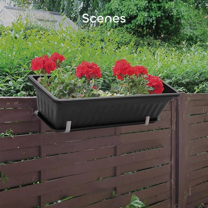GROWNEER 3 Packs 17 Inches Black Flower Window Box Plastic Vegetable Planters Long Pots with 15 Pcs Plant Labels for Outdoor Indoor Windowsill Patio Garden Home Decor Porch