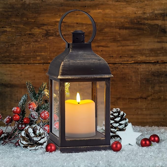 Vintage Lantern Decorative LED Flickering Flameless Candle with Timer, Battery Powered LED Decorative Hanging Golden Brushed Black Lanterns for Indoor Outdoor Garden Yard Home Decor(1 Pack)