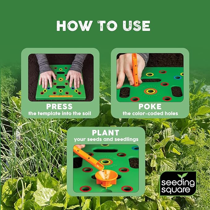 Seeding Square - Seed and Seedling Spacer Tool for Bigger Harvests, Organized Plants & Fewer Weeds – Color-Coded Gardening Template with Magnetic Dibber, Ruler & Planting Guide